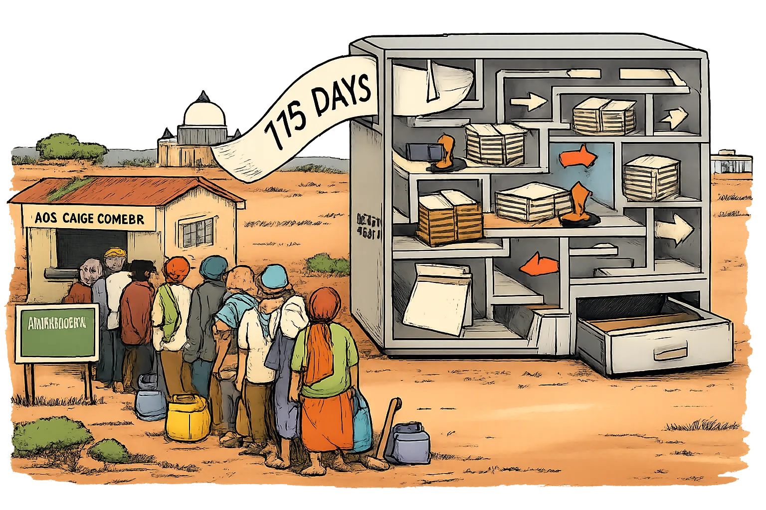 Rural workers wait beside tools and water containers as a giant paper marked 175 DAYS disappears into a maze of government files, stamps and empty drawers outside a Telangana worksite office.