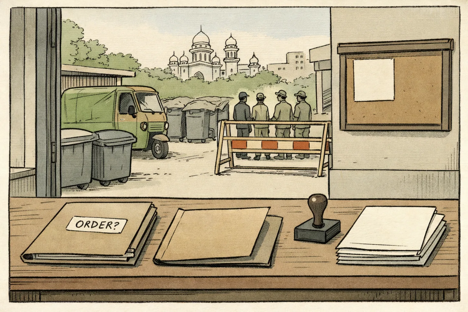 A municipal office desk in Hyderabad holds an empty tender file and blank pages beside a waiting Swachh Auto and covered waste bins, with sanitation workers and a police barricade near the distant Assembly.