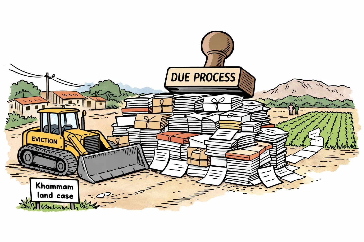 A cartoon bulldozer stopped by a barricade made of court files and stamped forms beside a small agricultural field in a rural Khammam setting.