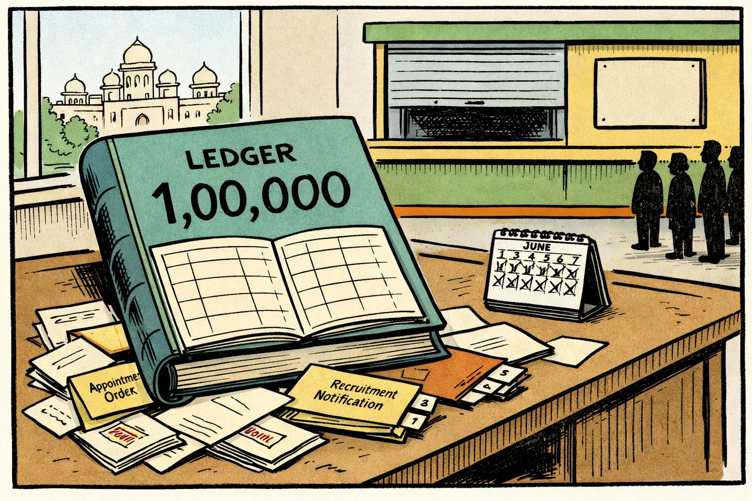 A huge government ledger marked with a simple “1,00,000” rests on a Telangana Secretariat desk, while loose appointment slips, recruitment files and numbered counters trail into an unfinished stack; a calendar page marked June lies underneath, and an empty public-information window sits in the background.