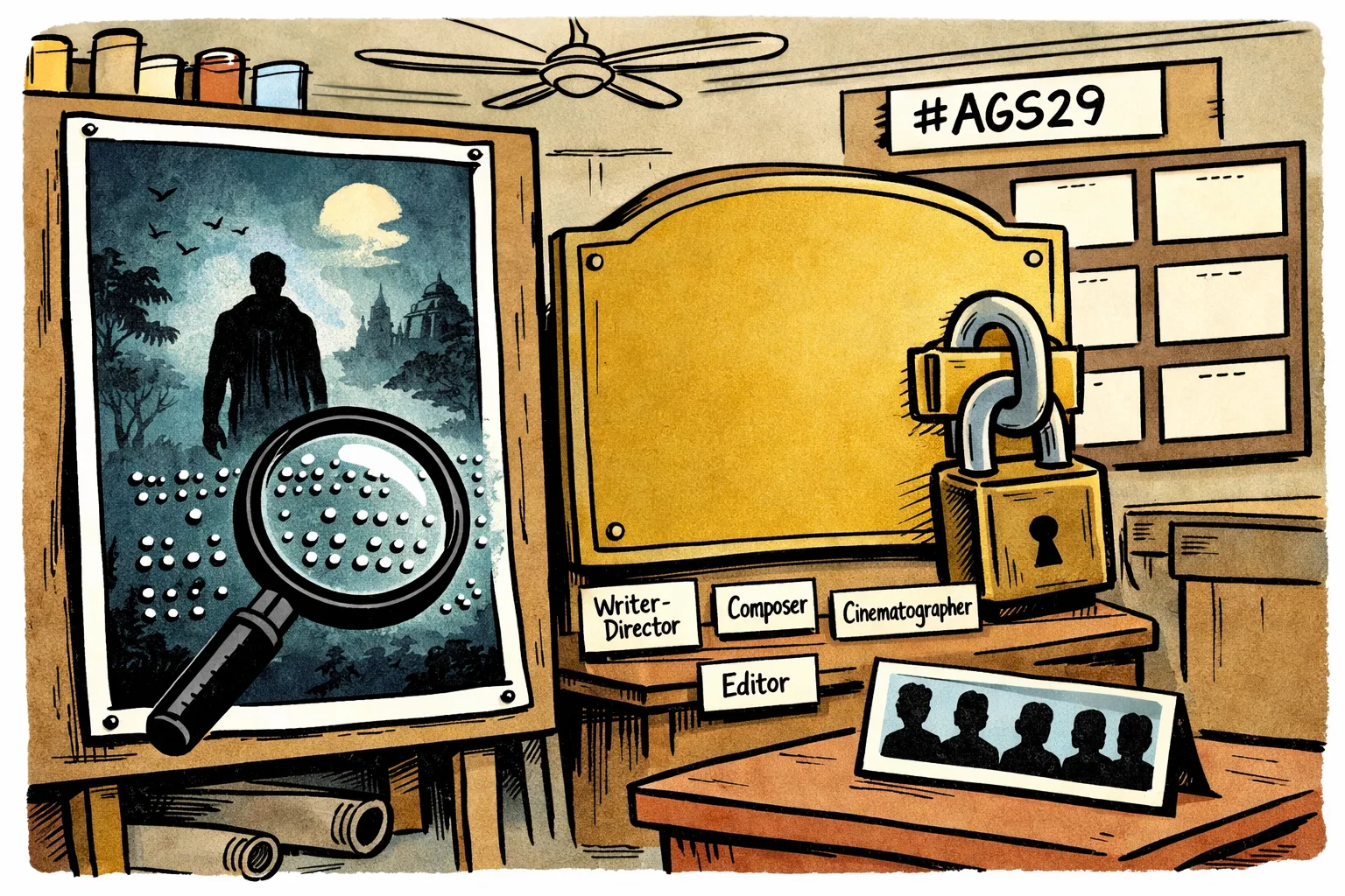 A locked oversized film-title plaque sits beside a Braille-covered thriller poster, with blank information cards and a board marked #AGS29 in a South Indian film publicity office.