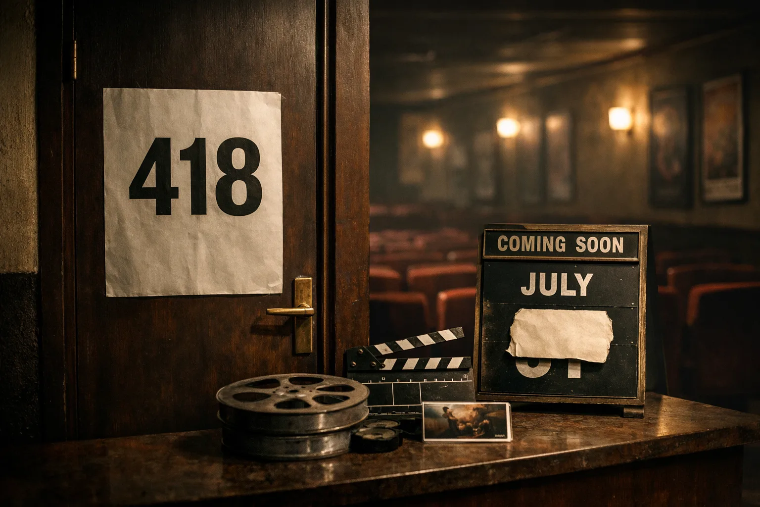 A closed cinema door marked 418 stands beneath a July 31 release poster, while a small film reel and trailer card wait outside in a Hyderabad theatre lobby.