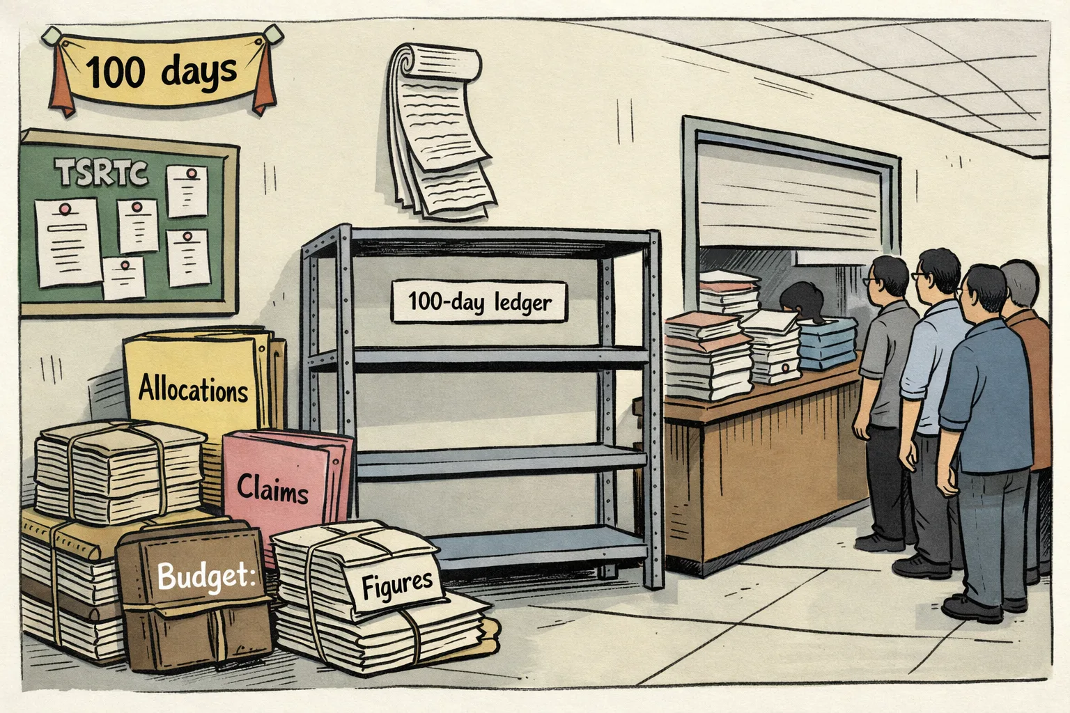 An empty records shelf labelled for a 100-day ledger stands amid government files marked allocations, claims and figures, while a long calendar and a half-shut office counter suggest a prolonged wait.