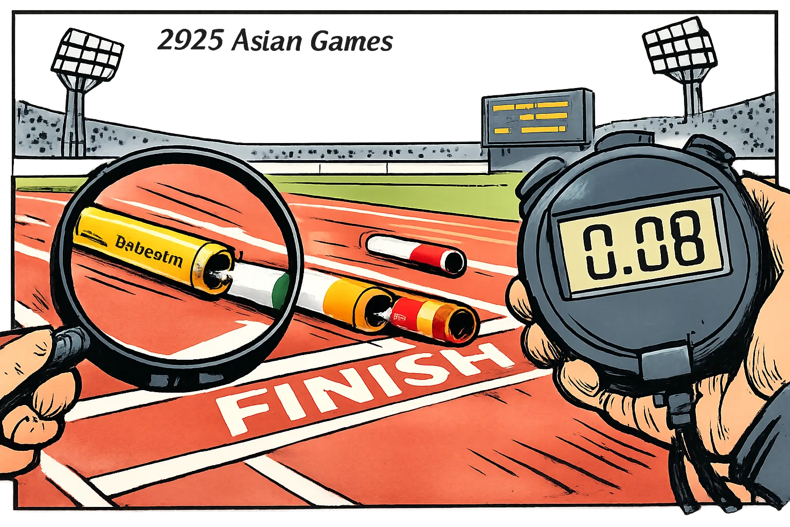 A hand-drawn athletics finish shows a Bahrain baton far ahead, while India’s baton edges Vietnam’s by a tiny gap under a stopwatch reading 0.08; Japan trails behind.