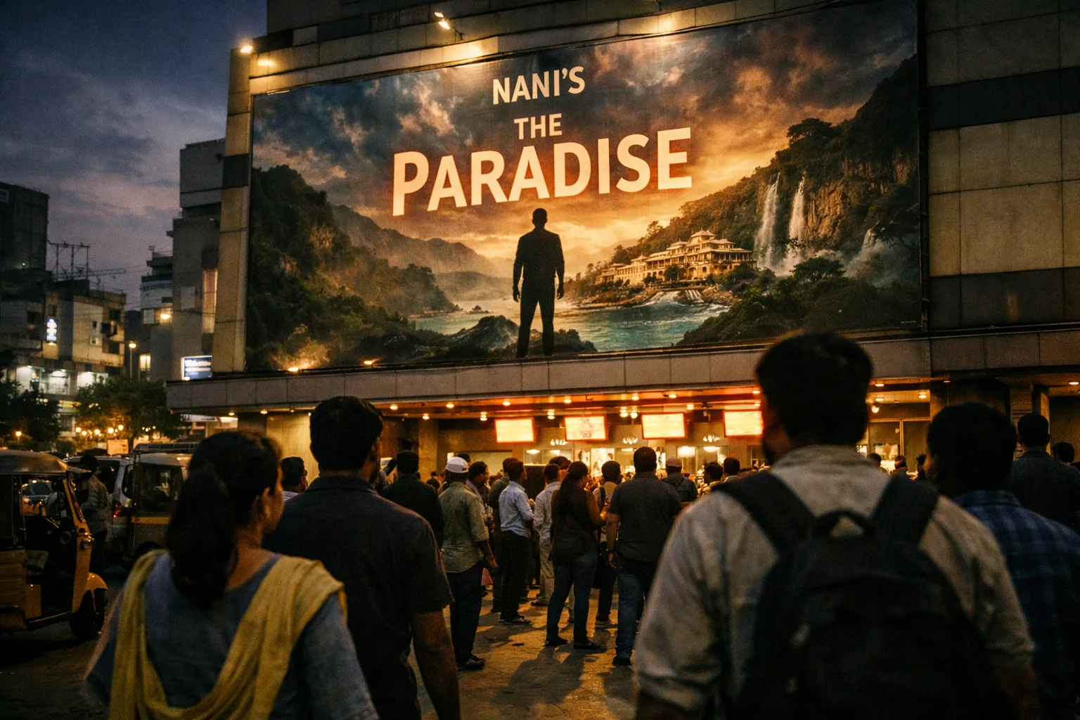 A Hyderabad multiplex glows at evening, with a promotional poster for The Paradise above its entrance and cinema-goers near the ticket counters.
