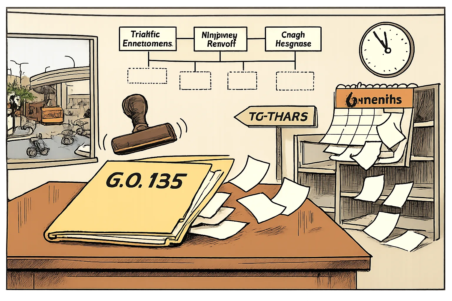 An empty folder marked G.O. 135 sits beneath a transparent traffic-bureau organisation chart, beside an open records cupboard and a calendar counting six months, with Hyderabad traffic visible through the window.