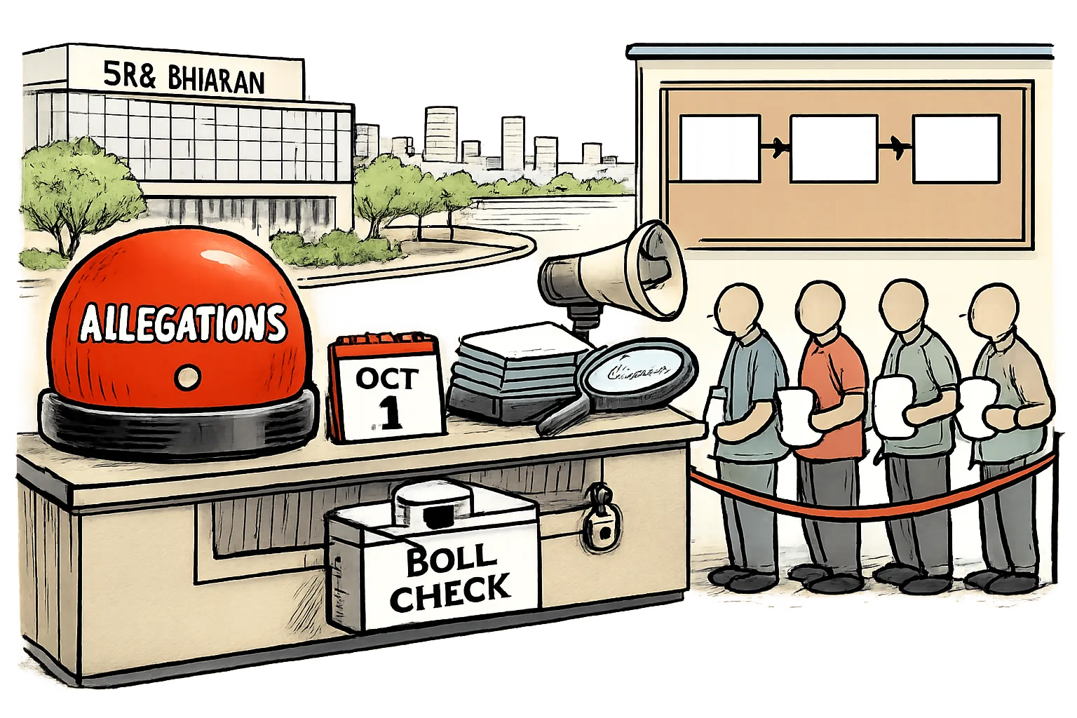 An oversized alarm bell marked allegations stands beside an October 1 electoral-roll timetable and a locked roll-check counter, while anonymous voters wait outside a Hyderabad government office.