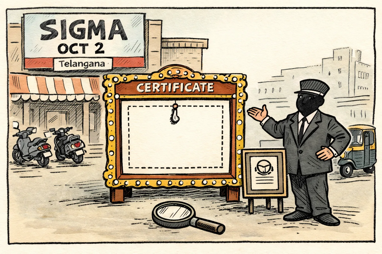 A cartoon outside a Telangana cinema shows a Sigma film poster announcing October 2 beside an empty frame labelled certificate, with a magnifying glass on the ground.