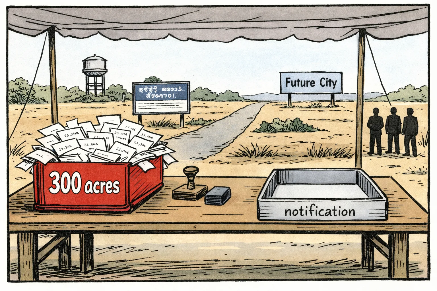 A Telangana village-meeting table holds a huge file marked “300 acres”, while the official land-acquisition notification tray beside it is empty; survey-number papers and a Mucherla road sign sit in the foreground, with fields and a Future City billboard behind.