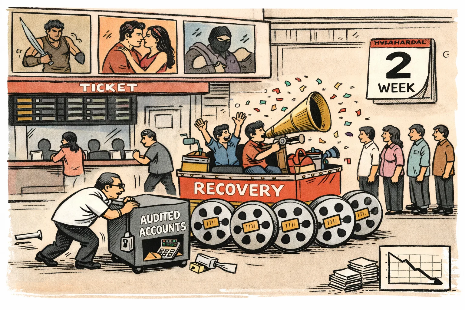 A small cinema victory parade marked recovery rolls past a locked box labelled audited accounts outside a Hyderabad multiplex.