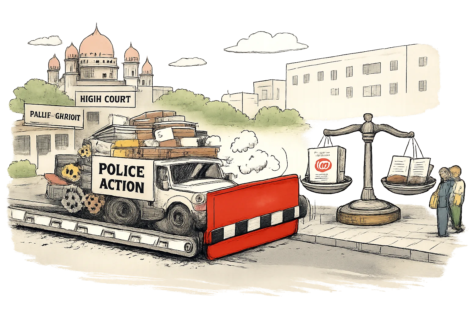A cartoon police machine carrying case files and notices is stopped by a large court-order barrier beside a courthouse weighing scale, while anonymous people with folders wait nearby.