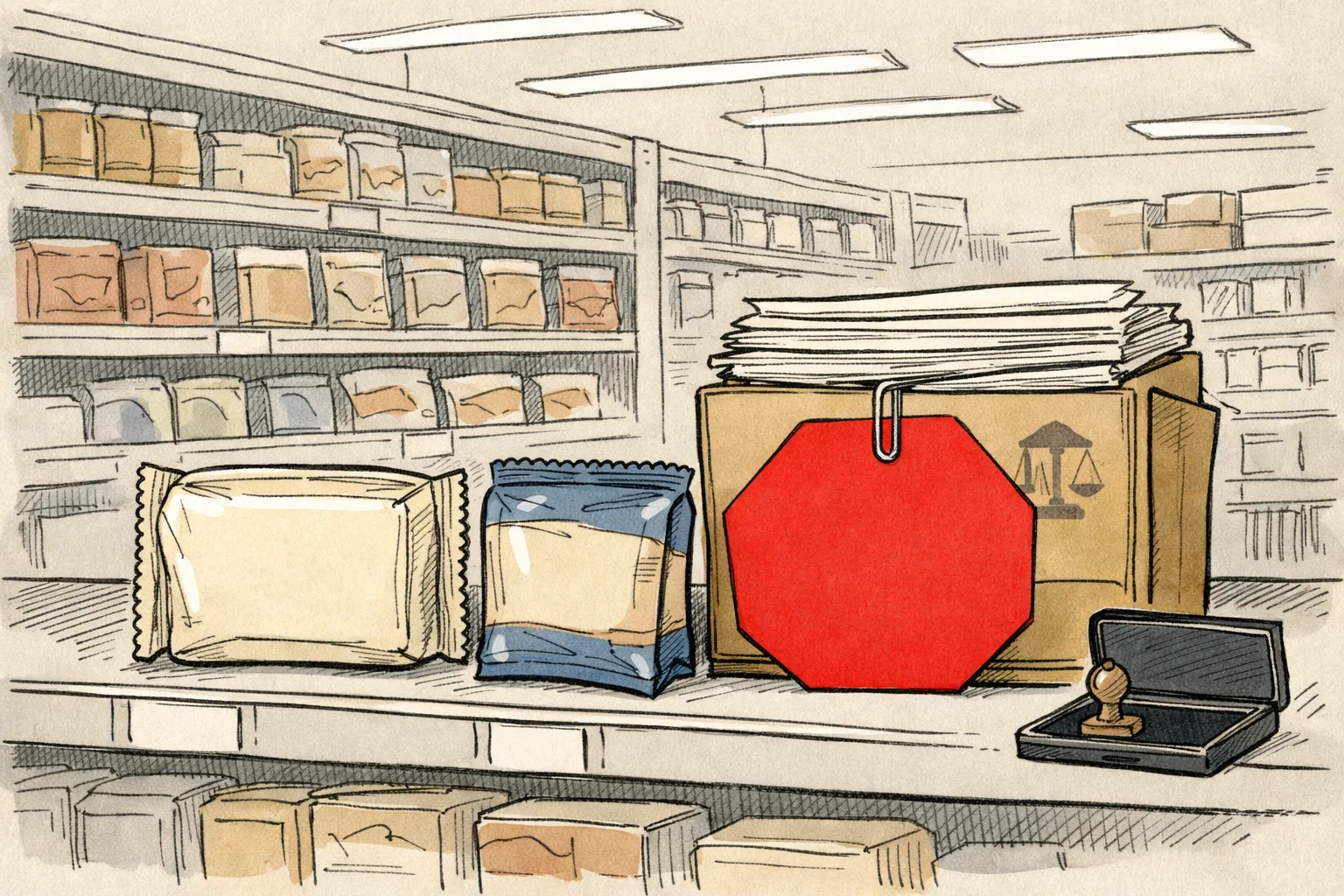 A generic biscuit packet and snack packet sit unchanged on a supermarket shelf beside a red hexagonal paper labelled proposed, partly trapped under a stack of official documents.