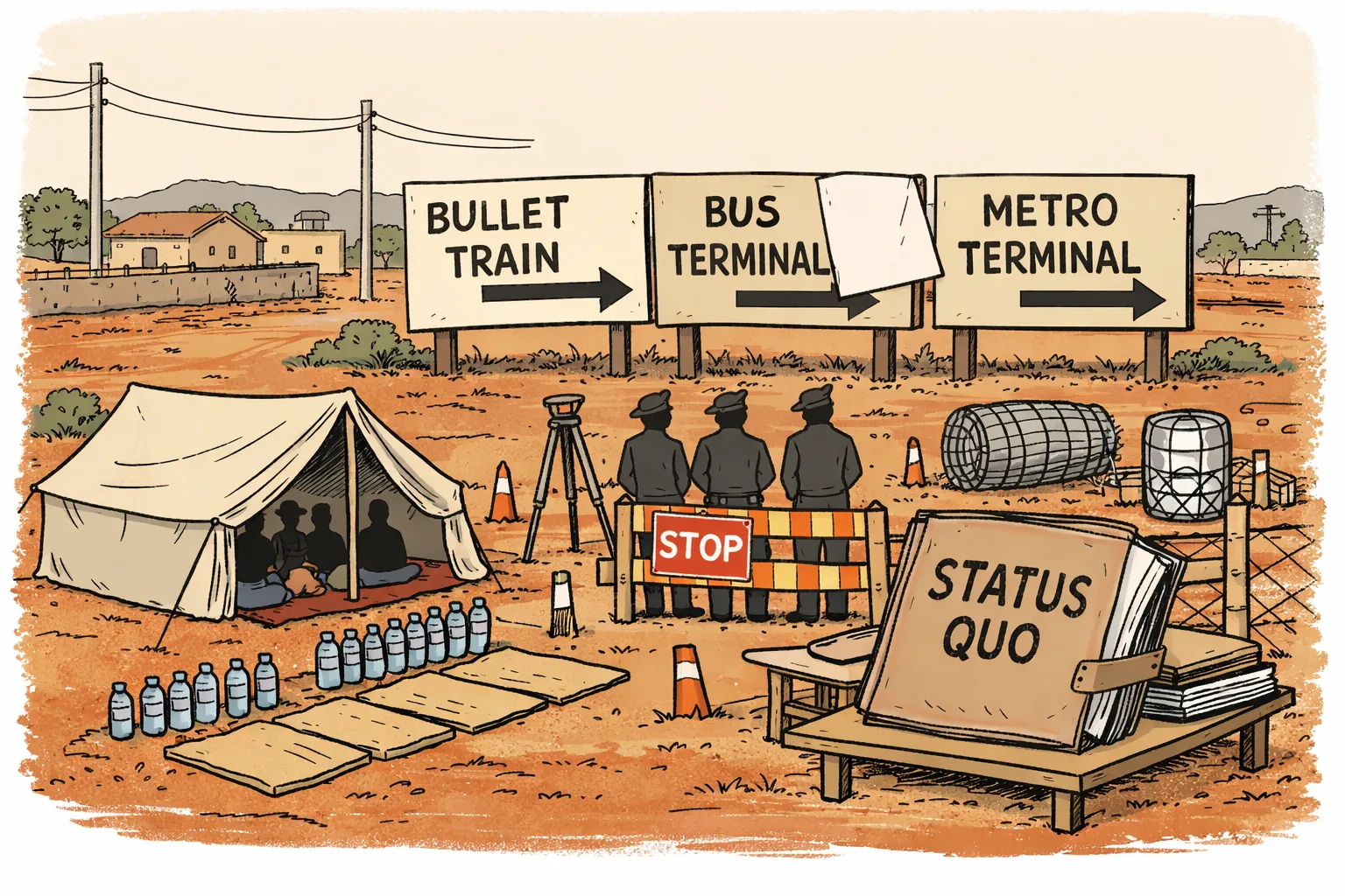 A disputed Telangana field is boxed in by police barricades, survey pegs, fencing and oversized project signboards while a small farmers’ hunger-strike tent remains open beside the road.