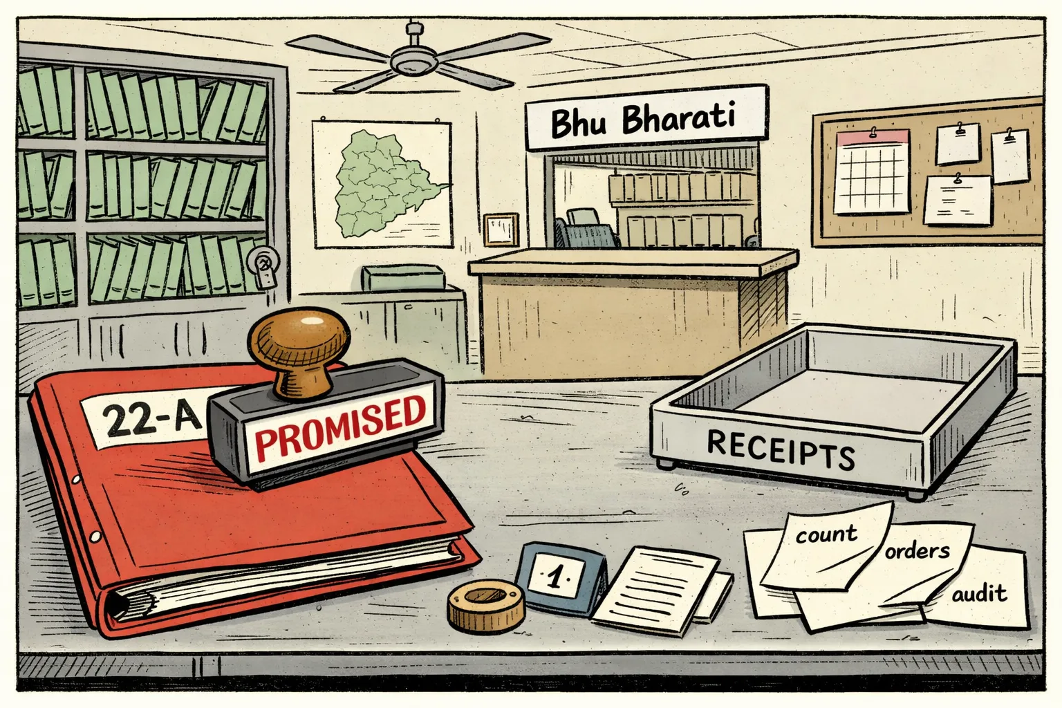 A large Telangana government file marked “22-A” sits on a desk beside a computer showing a prohibited-properties list, while loose correction orders and receipts spill into an empty document tray; a small Bhu Bharati grievance counter stands in the background.