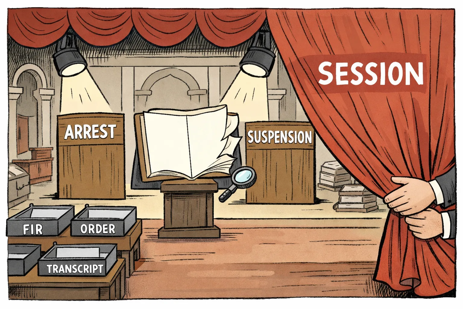 A cartoon of the Telangana Legislature turned into a theatre stage, with arrest and suspension props under spotlights while an empty document folder and vacant trays marked FIR, order and transcript sit nearby.