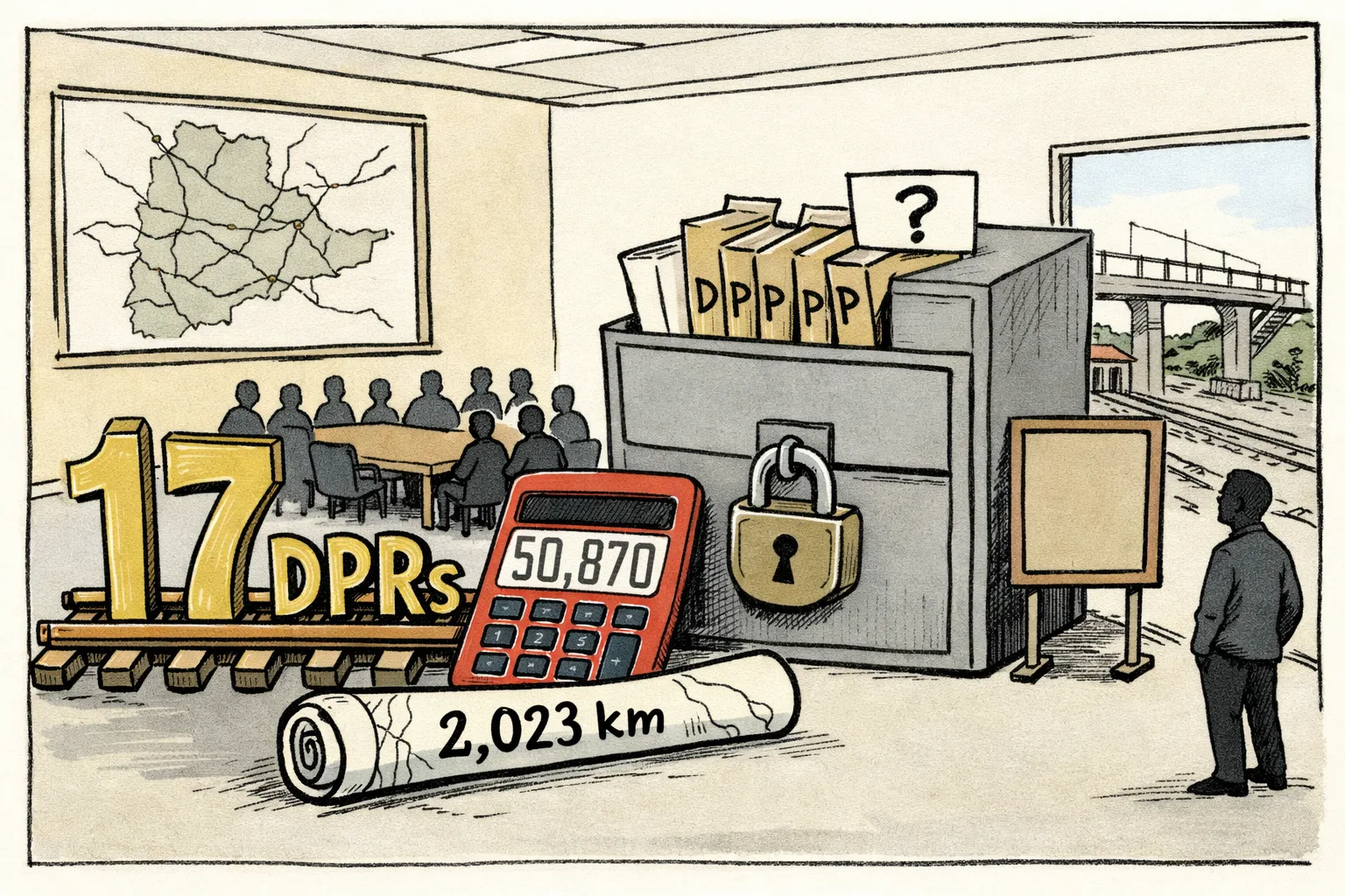 A Telangana railway review room shows giant signs for 17 DPRs, ₹50,870 crore and 2,023 km beside a locked filing cabinet labelled “LIST?” while small officials stand nearby.