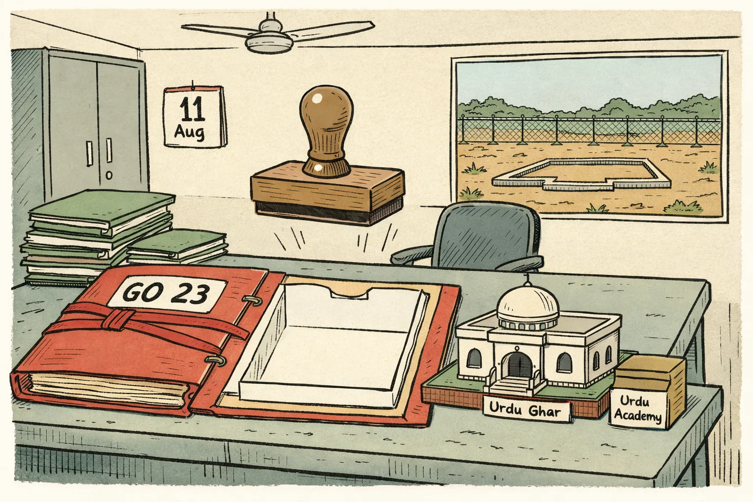 A Telangana government land file marked with a partly visible GO 23 sits on a desk beside a miniature Urdu Ghar construction model, while a large official stamp hovers above an empty plot enclosed by a fence.