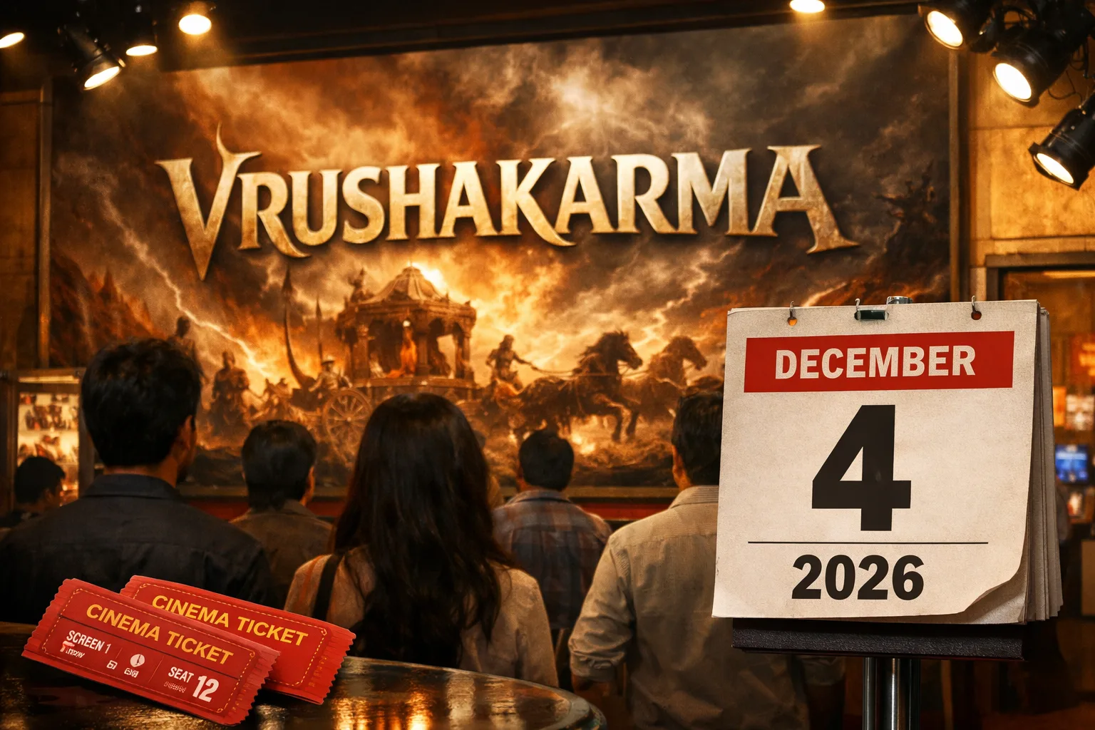 A cinema foyer display for Vrushakarma includes a film poster wall, a December 4, 2026 calendar page, tickets and theatrical spotlights.