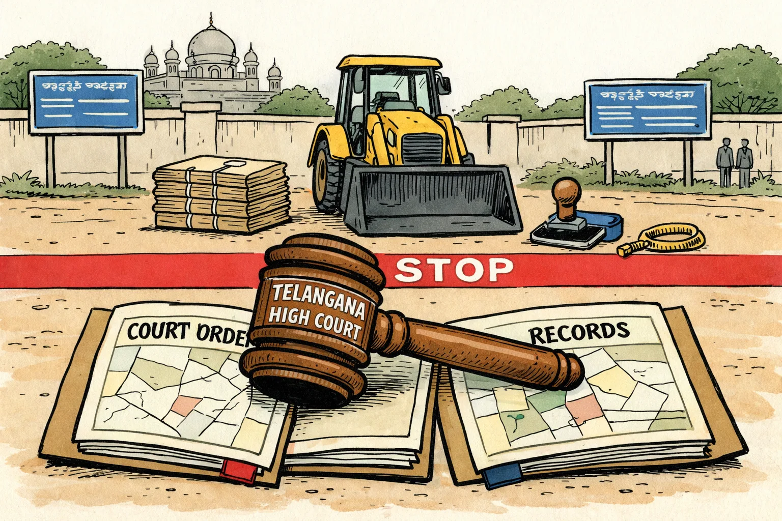 A Telangana High Court gavel rests on a stack of land records while a yellow bulldozer waits behind a red stop line outside a Hyderabad civic compound; two files marked with survey numbers sit open in the foreground.