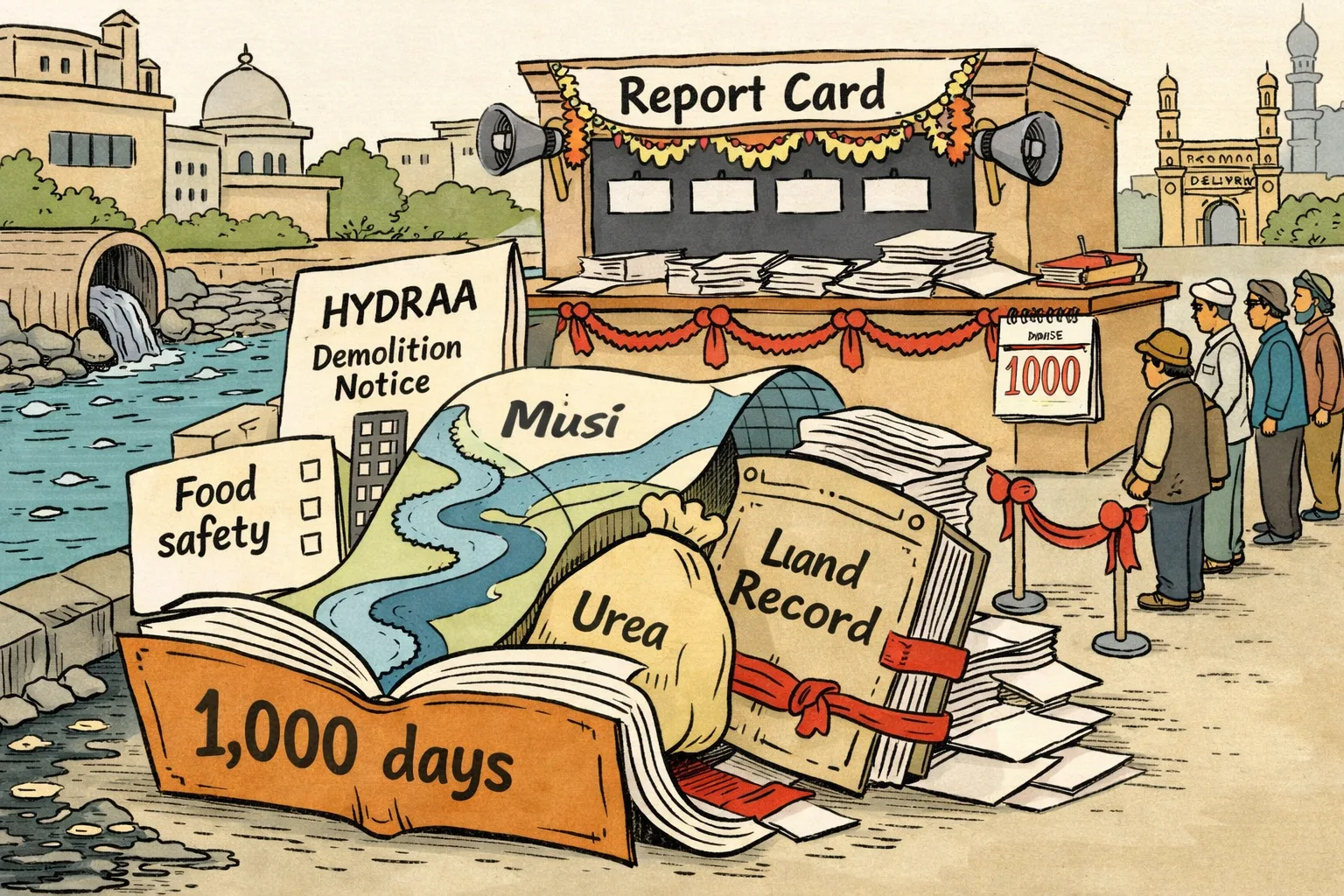 An oversized government file labelled 1,000 days spills paperwork about HYDRAA, the Musi project, food safety, urea and land records around a Hyderabad office counter, while blank report-card boxes wait behind it.