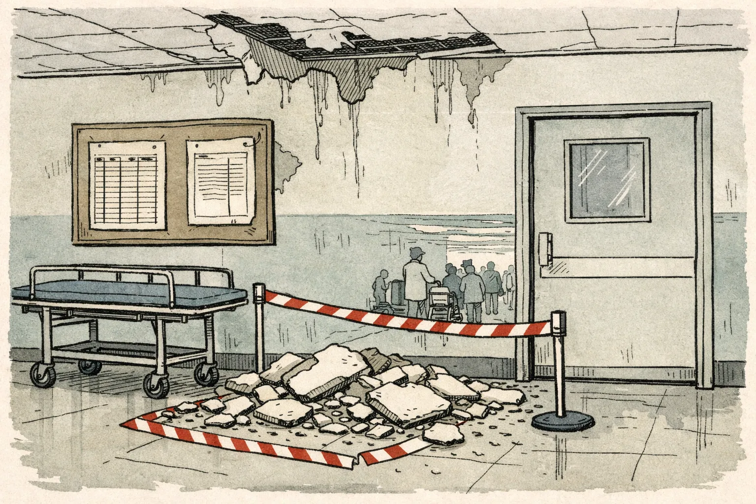 A damaged hospital ward corridor in Warangal with fallen ceiling plaster, water stains, a cordon, an empty trolley and a blank casualty register.