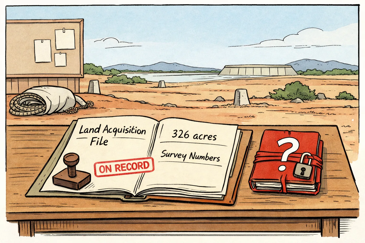 A large government land-acquisition file marked with survey numbers sits on a table beside a sealed folder labelled with a question mark; behind it, survey stones and a Telangana irrigation tank landscape stretch across Perapalla.