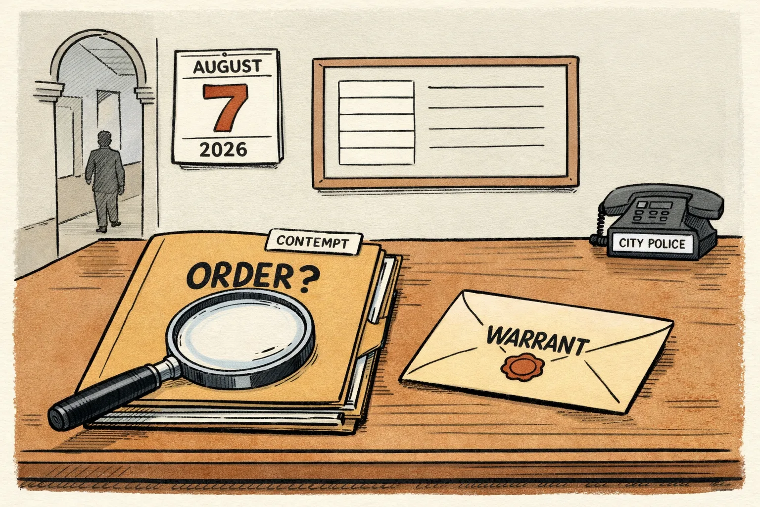 A Telangana High Court file sits on a judge’s desk beside a magnifying glass, while a police warrant envelope and a blank court docket remain partly obscured in the background.