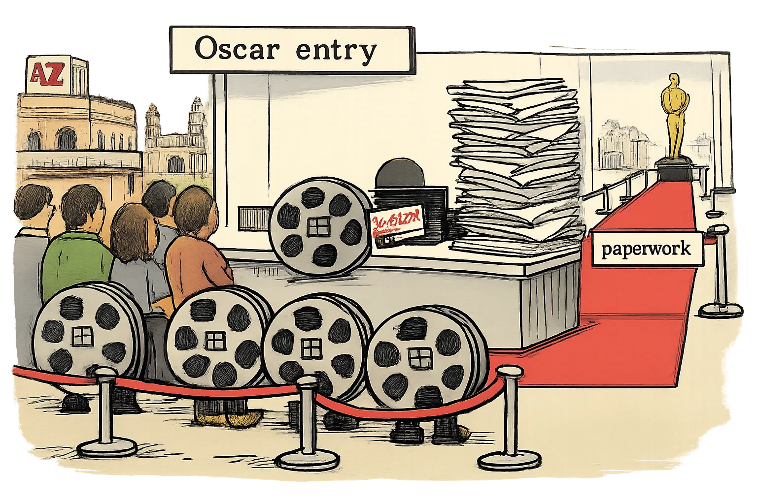 Five film reels wait at a counter marked Oscar entry; one receives a selected boarding pass while paperwork piles up beside a distant trophy and four reels remain in line.
