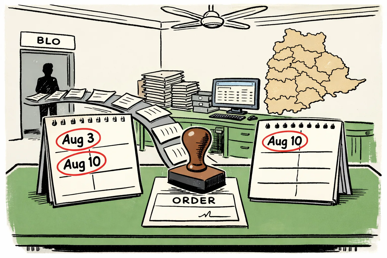 A Telangana election office desk holds two conflicting SIR calendars, while stacks of voter forms move steadily through a data-entry machine and a blank signature line remains on an official order.