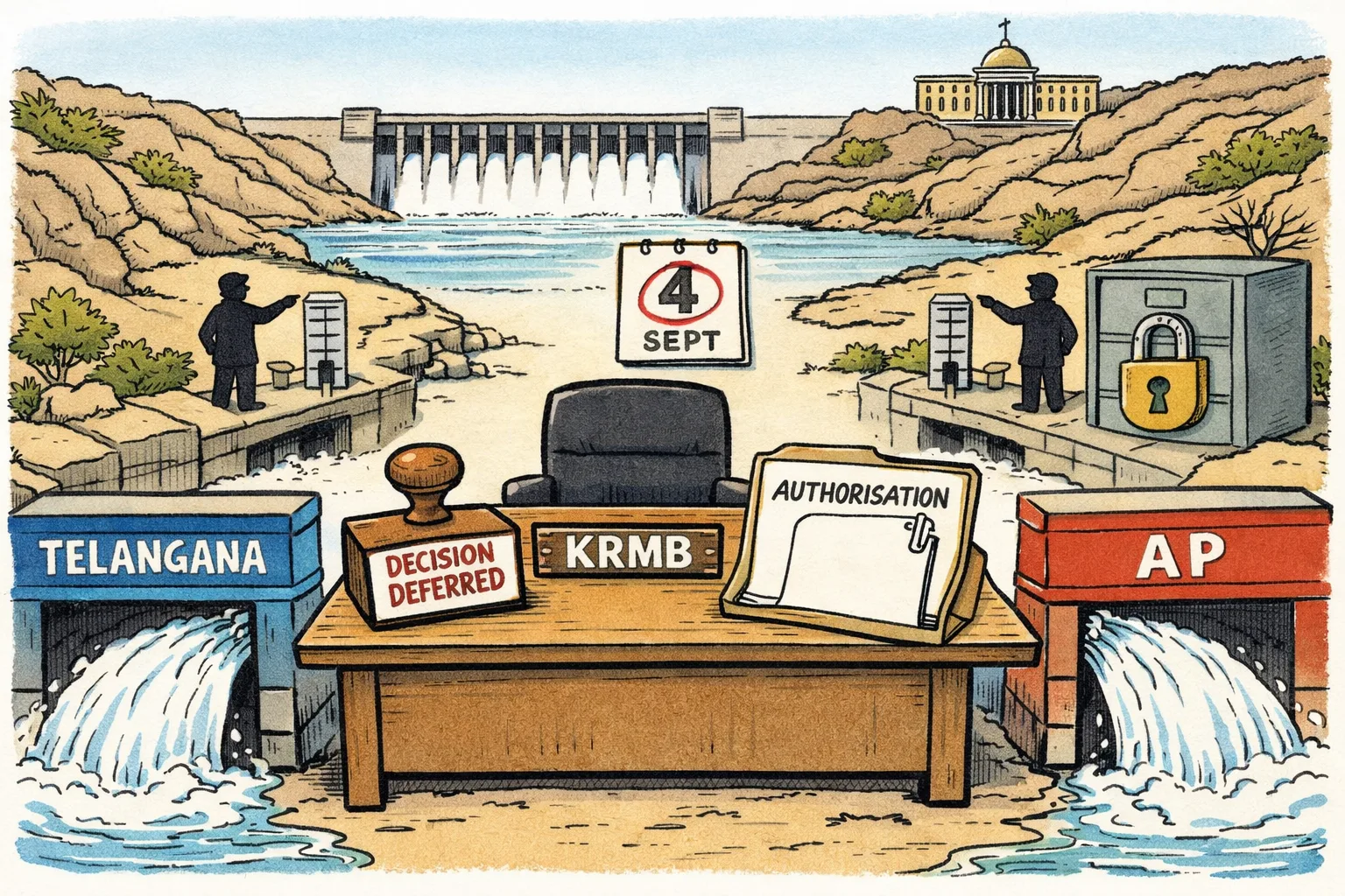 Two labelled canal gates on opposite sides of a Nagarjuna Sagar-style water system release equal streams while an empty KRMB referee desk displays a deferred decision and a blank authorisation file.
