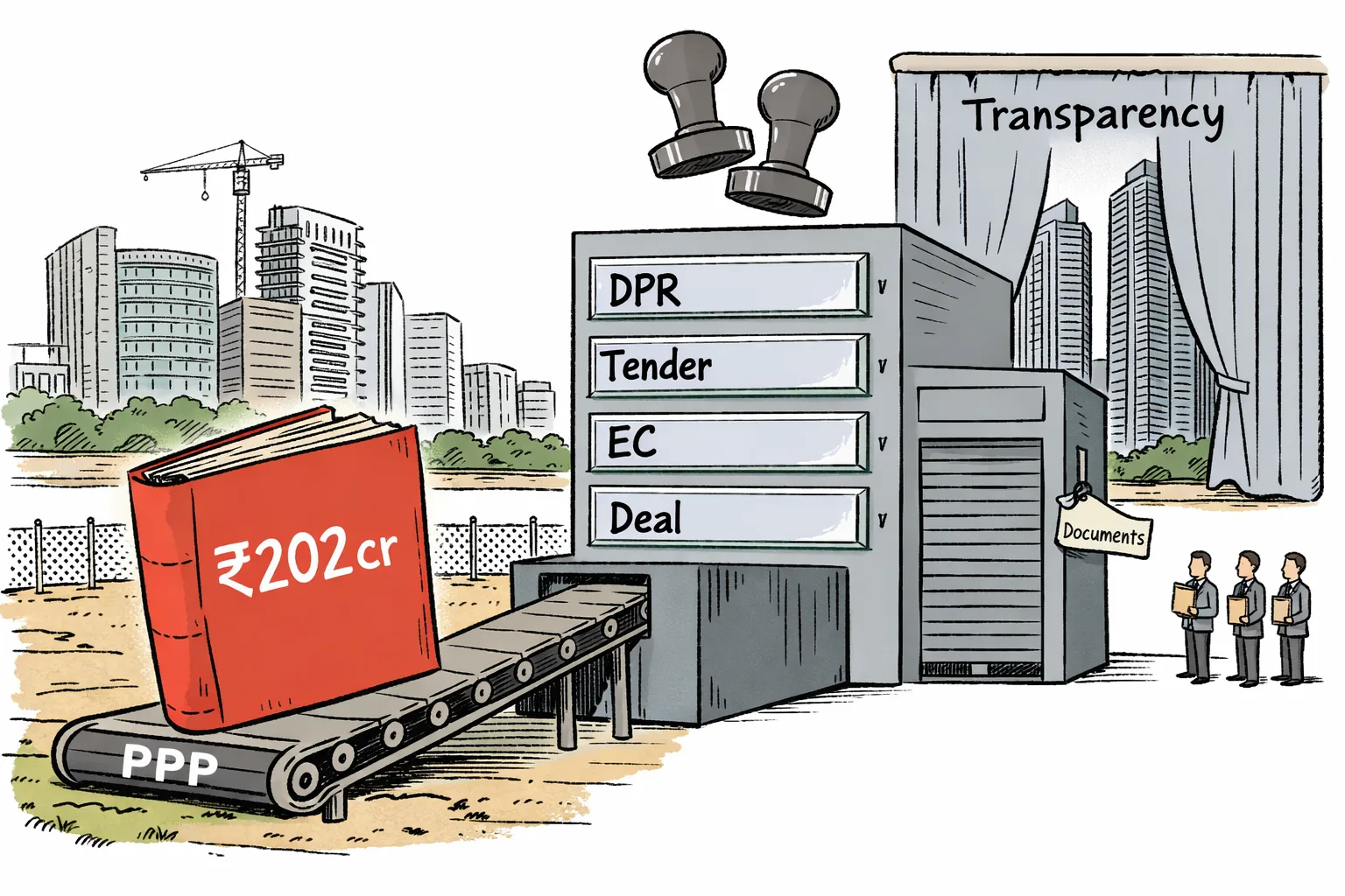 A giant ₹202 crore file sits on a Hyderabad development plot beside a PPP machine with blank slots for the DPR, tender, environmental clearance and deal documents, while a transparency curtain partly hides twin towers.