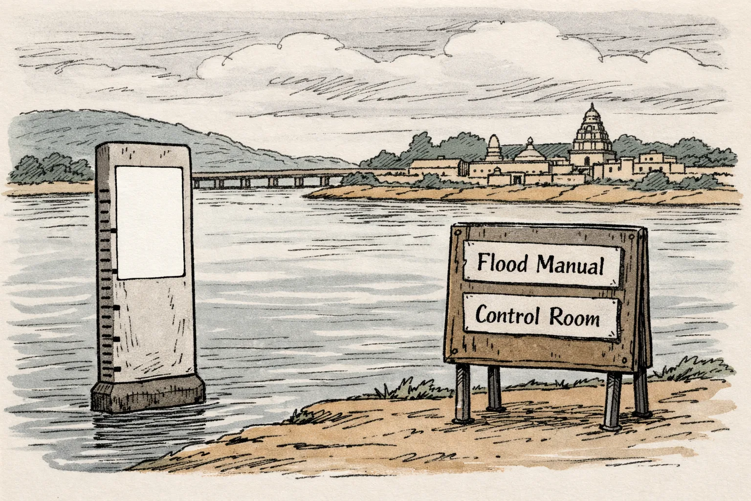 A quiet Bhadrachalam riverbank with the Godavari gauge in the foreground, its measurement panel blank, beside a covered official noticeboard displaying a flood manual and control-room papers; the river and temple-town buildings sit in the background under heavy clouds.