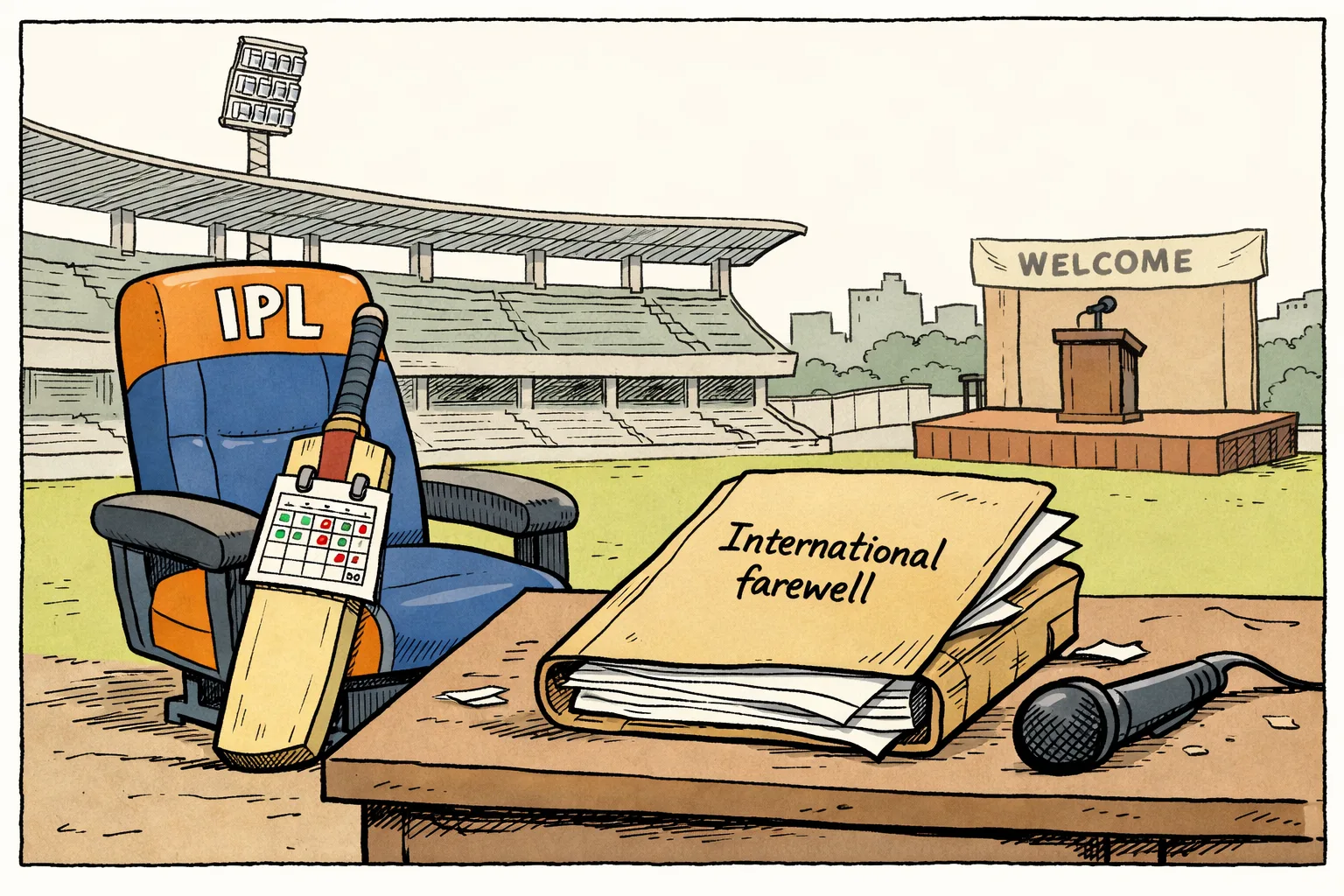 An empty international cricket pavilion in the background stands beside a brightly lit IPL dugout, where a cricket bat rests on a franchise-branded chair while a small unmarked file sits unopened on a BCCI desk.
