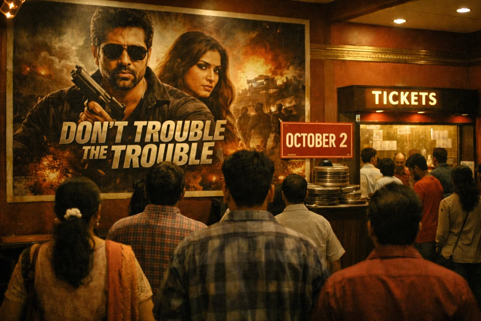 A Hyderabad cinema foyer with a generic film poster wall, an October 2 release-date card, a ticket counter and an indistinct crowd waiting for a show.