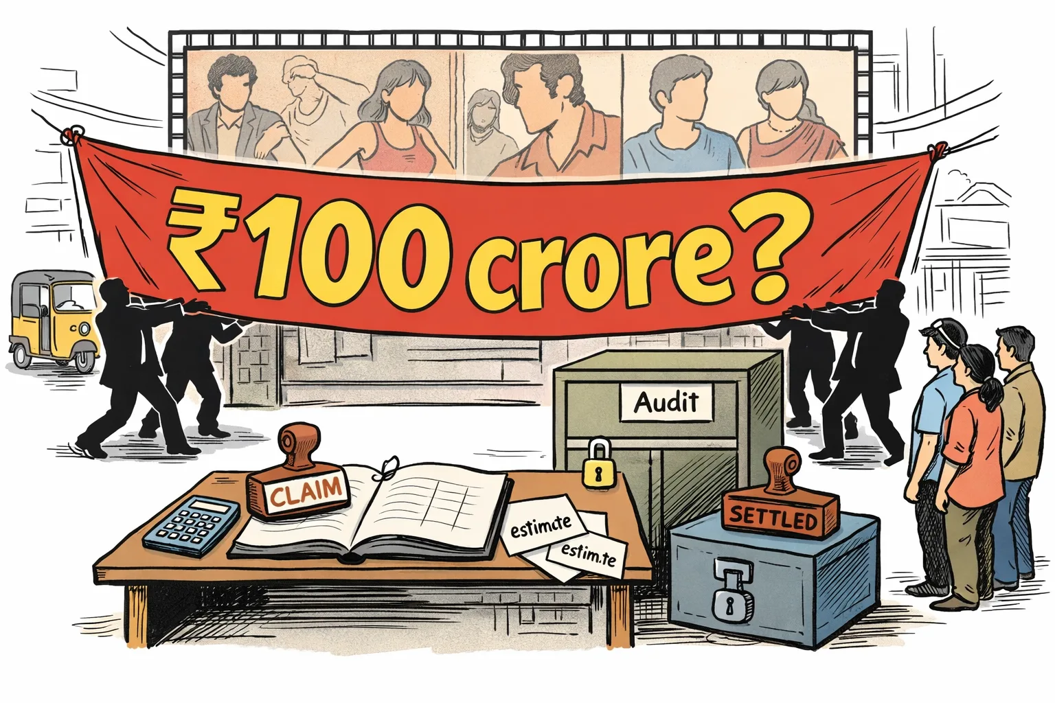 A huge banner marked “₹100 crore?” hangs over a small desk with an estimate ledger, calculator and claim stamp, while a locked cabinet marked “Audit” stands outside a Hyderabad cinema office.