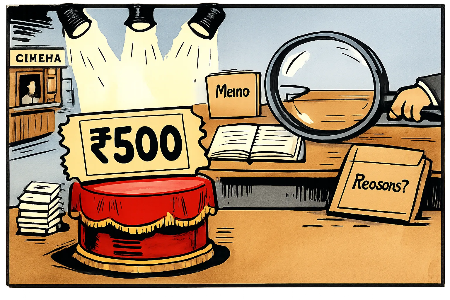 A giant ₹500 cinema ticket sits under theatre spotlights beside an empty government file marked “Memo”, while a magnifying glass searches the desk.