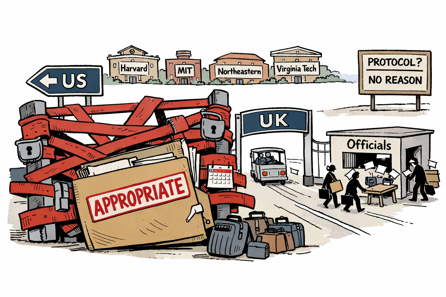 A giant government file marked “APPROPRIATE” blocks a road to the US while a UK gate stands open; university buildings and a separate open officials’ passage appear behind the checkpoint.