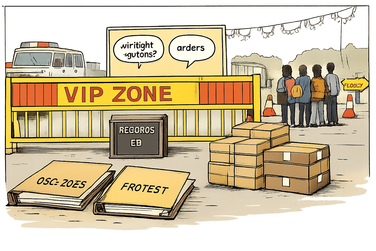 Two unfinished files labelled DSC-2025 and PROTEST sit outside a large police barricade, while sealed records and official assurances remain behind it on a Vijayawada street.