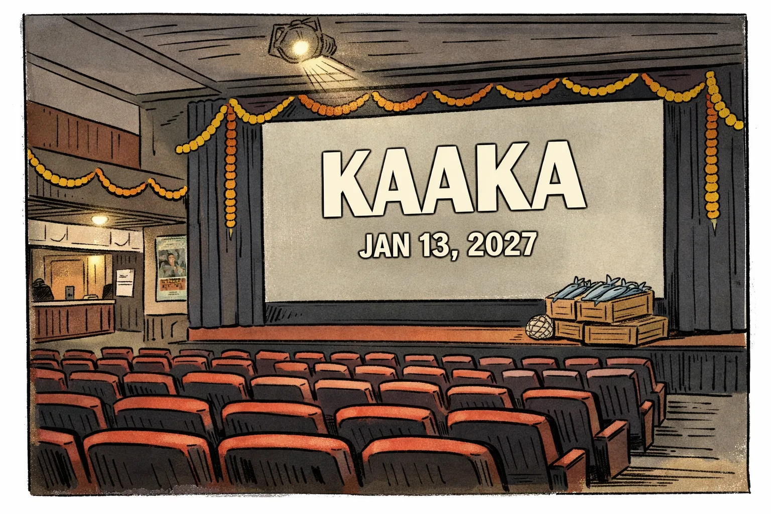 A decorated single-screen cinema foyer in Telangana displays a large Kaaka poster with January 13, 2027, beside a small stack of seafood crates.