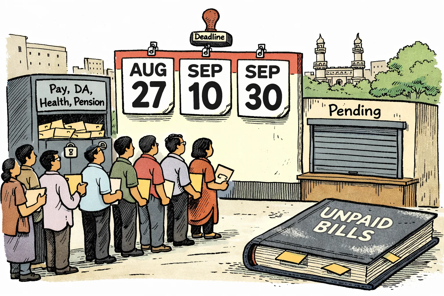 Employees, teachers and pensioners wait outside a shuttered government office beneath a large calendar showing August 27, September 10 and September 30, beside a locked cupboard labelled Pay, DA, Health, Pension.