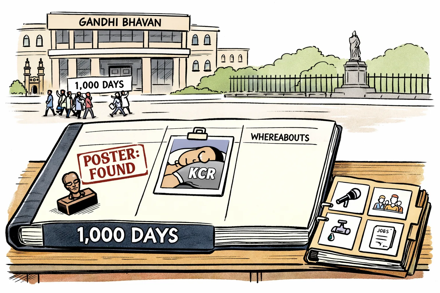 An oversized attendance register outside a Hyderabad political office has a campaign poster stamped ‘found’ while the adjacent whereabouts column is blank; smaller files show a microphone, student meeting, water tap and jobs paper.