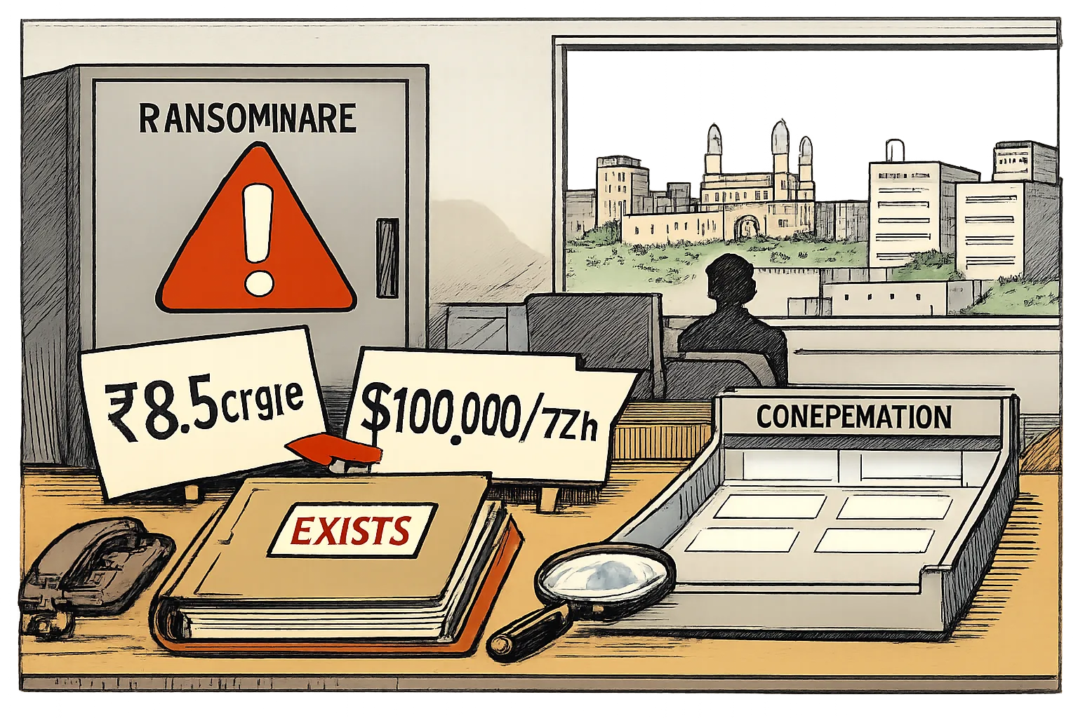 A cartoon desk in a Cyberabad records room holds two conflicting ransom slips, a company-registration folder marked “EXISTS” and an empty confirmation tray beside a locked computer cabinet.