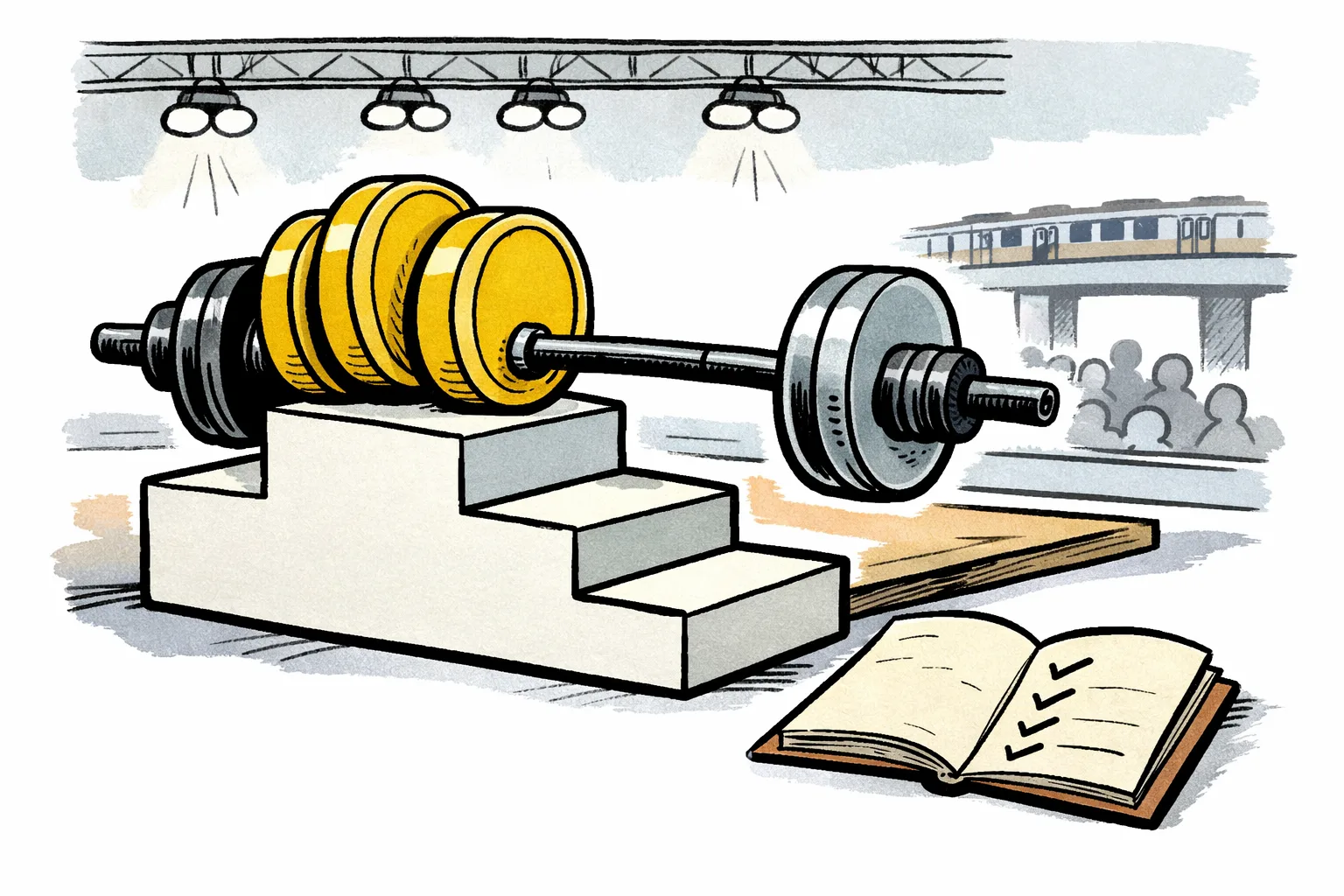 A weightlifting bar with four medal plates rests on a platform marked by four small podium steps; three gold plates are grouped together and one silver plate sits beside them, with a blurred Commonwealth Games-style arena in the background.