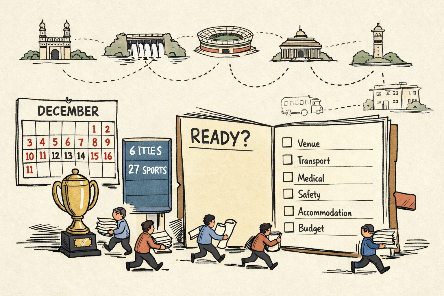 A wall calendar and trophy sit beside a large mostly empty readiness checklist, while small officials carry files between unfinished sports venues connected across six Telangana cities.