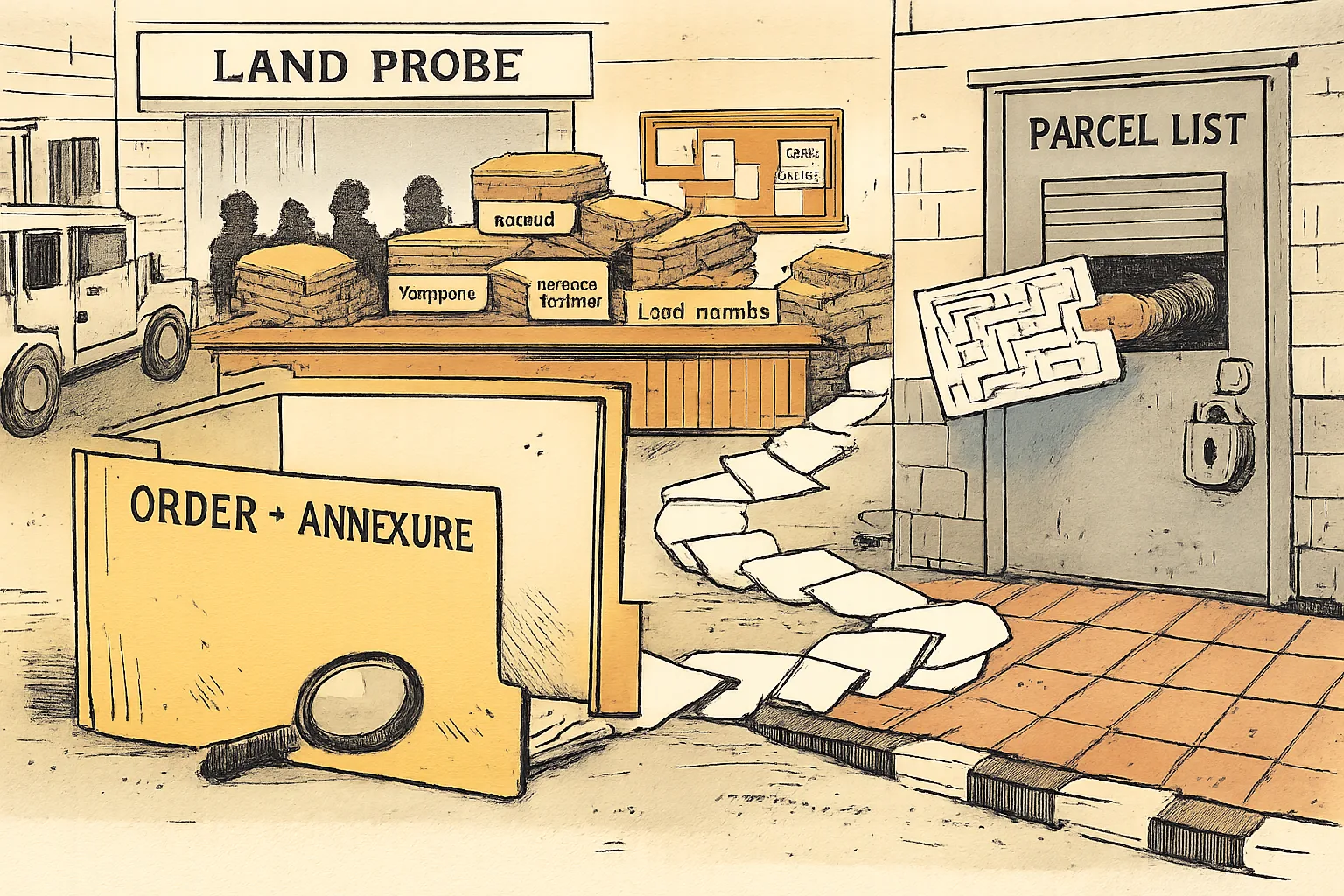 An empty file marked “ORDER + ANNEXURE” sits outside a Telangana government records office beside a locked room labelled “PARCEL LIST”, while land-record files pile up on a committee table.