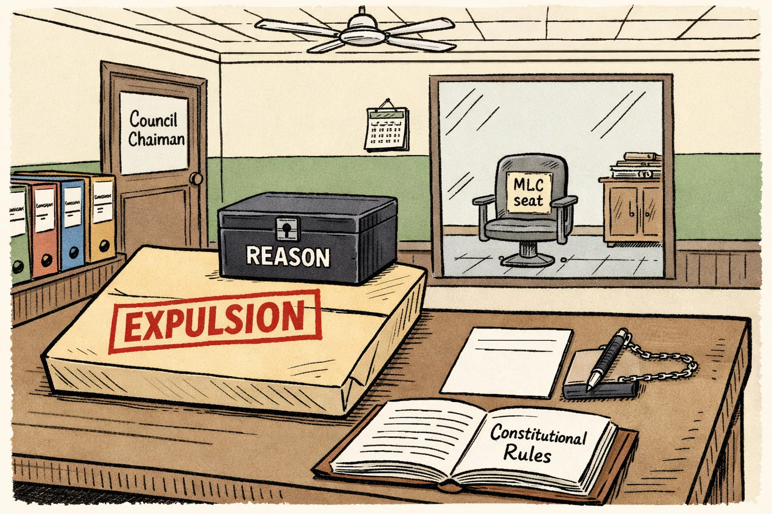 A sealed envelope marked “EXPULSION” sits on a government desk beside an untouched resignation form, while a locked box marked “REASON” rests above it and an MLC chair remains bolted in a Council office corridor.