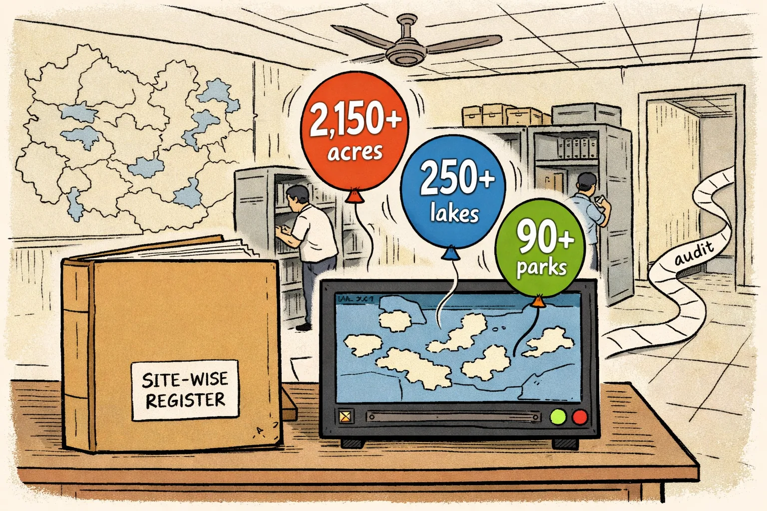 A government records room contains an empty site-wise register beneath a dashboard displaying large totals for reclaimed acres, monitored lakes and protected parks, while a small audit file trail disappears down a corridor.