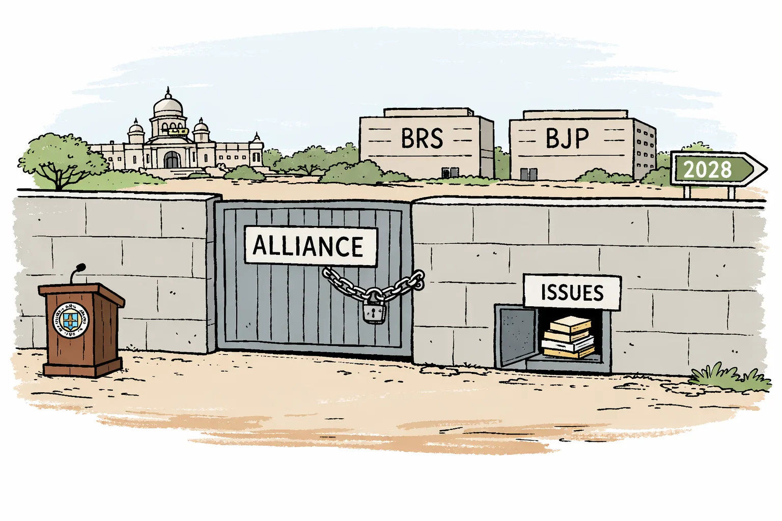A tall boundary wall in a Telangana civic setting has a chained gate marked “ALLIANCE” and a small open hatch marked “ISSUES,” with files passing through it between two anonymous office buildings.