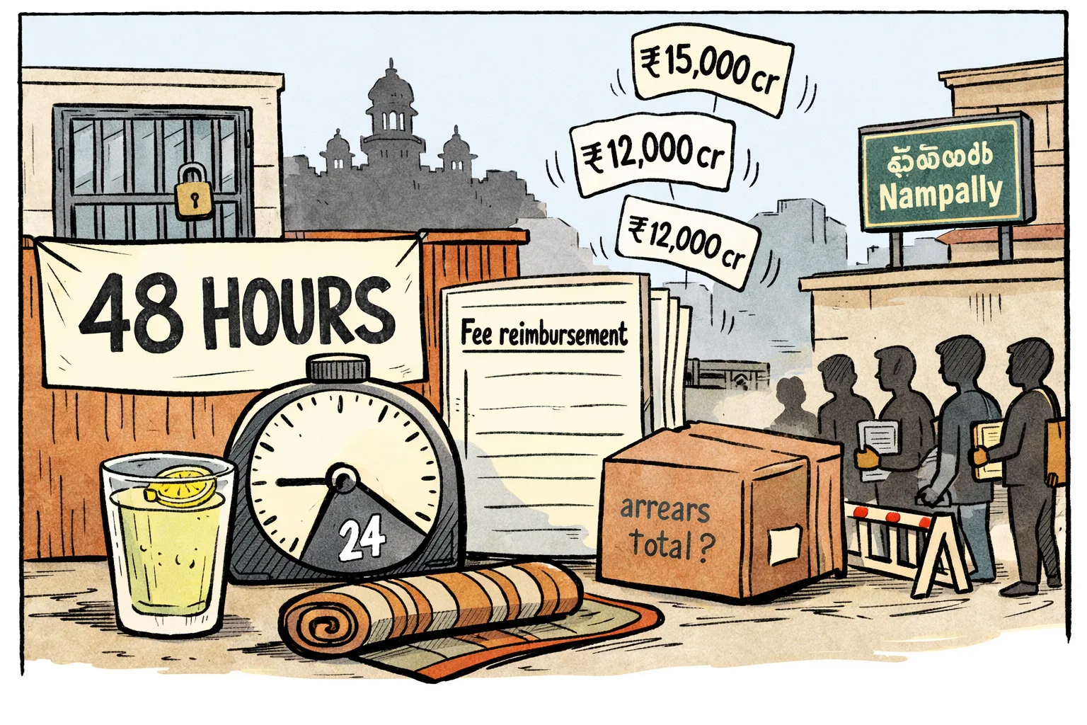 A Hyderabad protest banner promising 48 hours stands beside a timer stopped at 24, while rupee-number cards shift from ₹12,000 crore to ₹15,000 crore above a blank government arrears ledger.