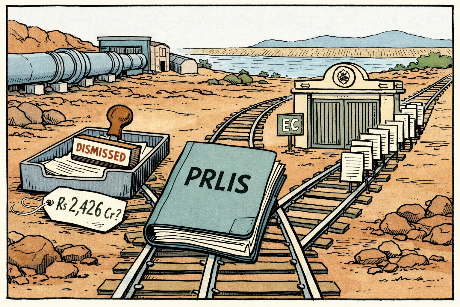 A Telangana irrigation project file sits on a split railway track: one track is marked with a crossed-out cost allegation, while the other passes through an environmental-clearance gate covered in forms and official seals.